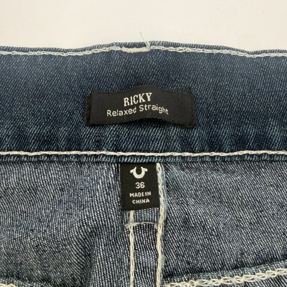 True Religion Ricky Relaxed Straight Dark Wash Contrast Stitch Jeans Mens 36